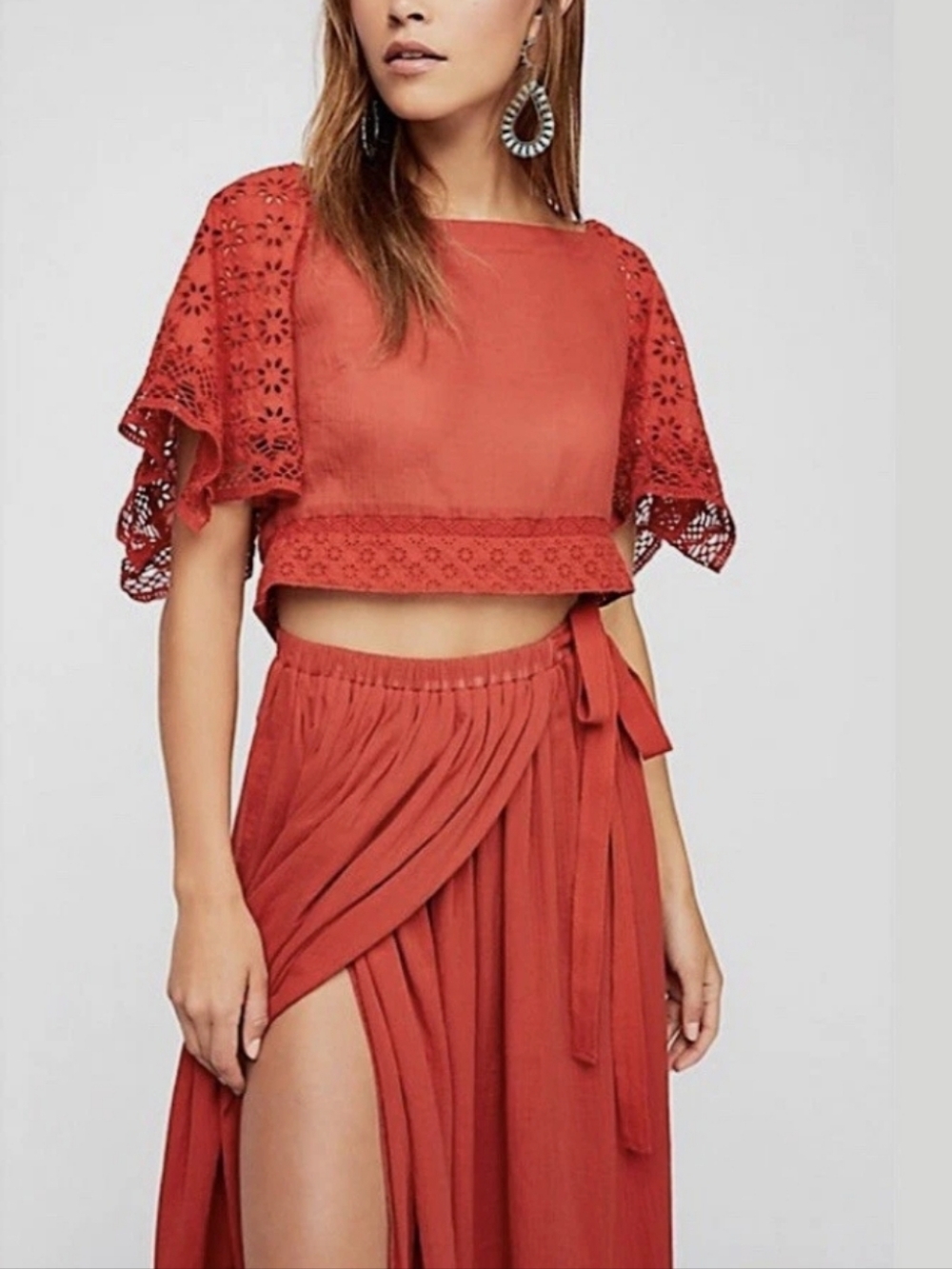 Free People Darling 2 Piece Skirt Set Small Red Orange